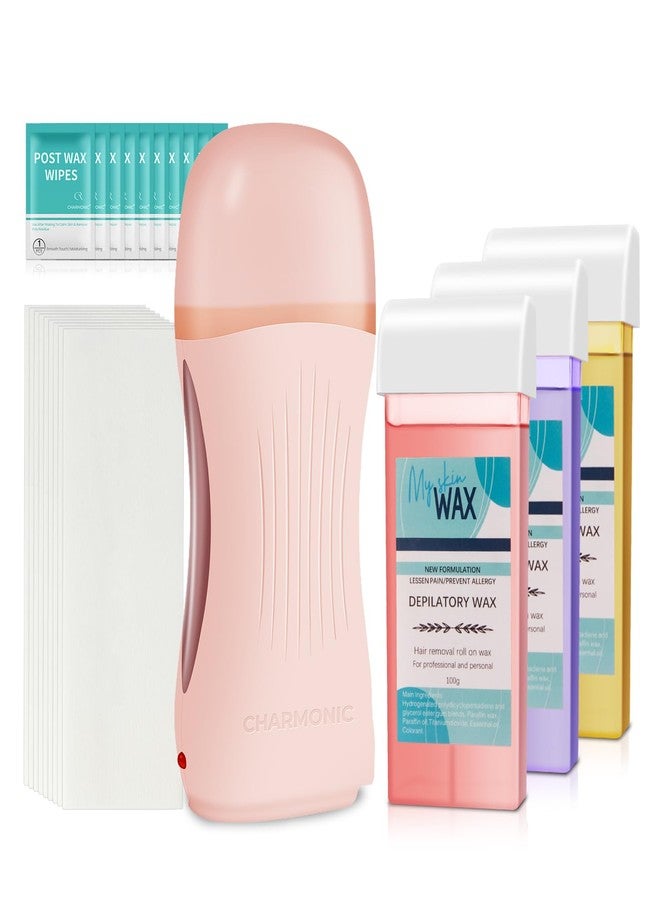 Charmonic Roll On Wax Kit, Portable Wax Roller Kit for Coarse/Fine Hair Removal, Beginners Waxing Roller for All Skin Types with 3 Pcs 100g Roll Cartridge, 100 Non-Woven Strips & 10 After Oil Wipes (F8_Pink) - Image 1